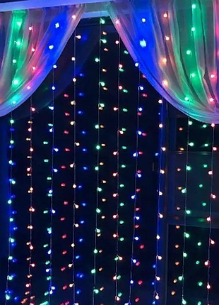 Xmas гірлянд (штора) 3m*3m) 300 led m-9 мультиколірний (copper) на мідному дроті + соед 7914