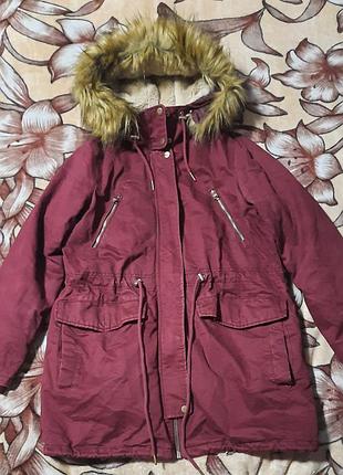 Бордова зимова парка pull&bear s-m (165 см) на хутрі шерпа (трансформер 2 в 1)