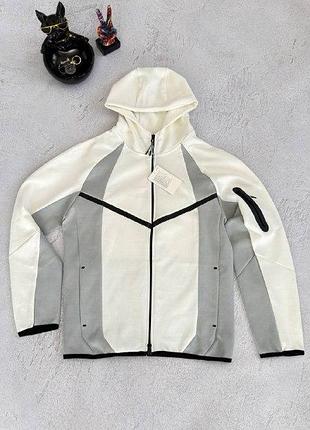 Мужская кофта nike tech fleece full zip белая, спортивная толстовка на молнии с капюшоном s-xl