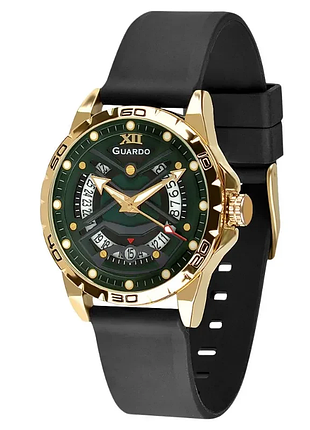Чоловічий годинник guardo luxury collection 012751-4 золотистий корпус силіконовий ремінець зелений циферблат з датою
