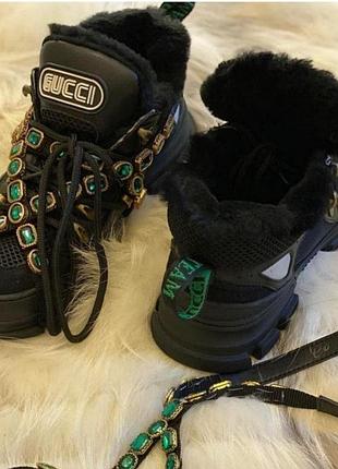 Кросівки жіночі gucci flashtrek хакі-зелені з помаранчевою хутряною підкладкою! є тільки хакі