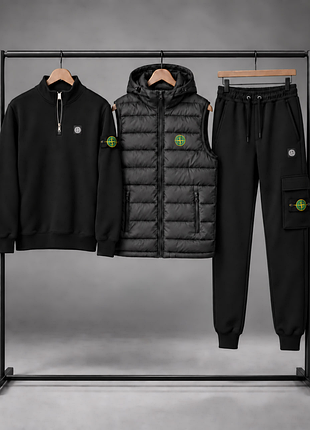 Мужской спортивный костюм stone island премиум&nbsp;(тринитка петля)&nbsp;3-ка кофта + штани + жилет утеплений з'ємний капюшон