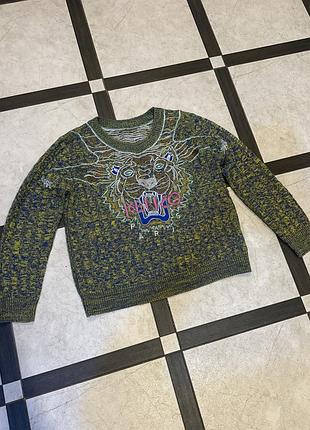 Зелений меланжевий светр kenzo  із характерною багатобарвною вишивкою тигра на грудях оригінал