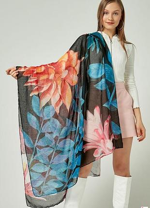 Desigual большой яркий шарф платок принт листья цветы в синих тонах