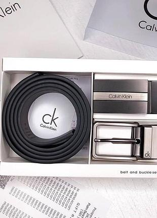 Чоловічий ремінь з двома пряжками, шкіряний ремінь calvin klein з двома пряжками, чоловічий ремінь келвін кляйн, набір на подаруно