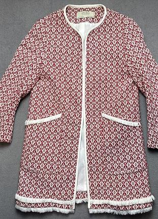 Zara подовжений жакет кардиган твід червоно-білий бахрома стиль шанель m