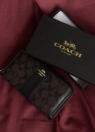 Большой женский кошелек 19х10 см с монетницей на молнии портмоне coach кожаный бумажник в коробочке от коуч бежевый