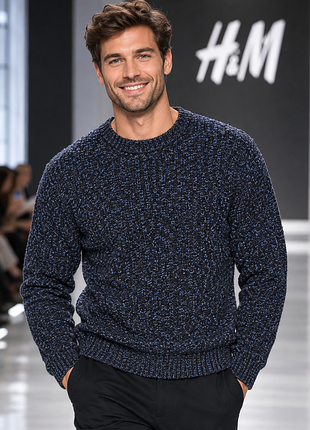 Чоловічий в'язаний светр h&m темно-синій l (бавовна)