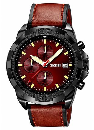 Мужские наручные часы skmei 9347bnrd brown-red с коричневым ремешком и красным циферблатом