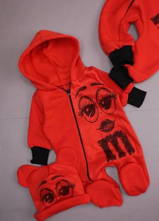 Ромпер, комбінезон + шапочка m&m, трьохнитка на флісі для дівчинки ,56см, 62см, 68см, 74см, 80см, 86см, 92см