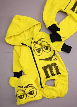 Ромпер, комбінезон + шапочка m&m, трьохнитка на флісі для хлопчика ,56см, 62см, 68см, 74см, 80см, 86см, 92см