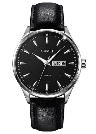 Чоловічий класичний годинник skmei 2075sibk silver-black зі шкіряним ремінцем та календарем