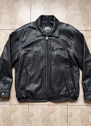 Кожаная куртка planet hollywood orlando black leather jacket mens xl full zip embroidered logo