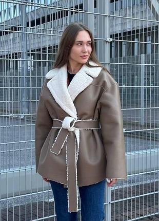 Женская дубленка двусторонняя зимняя 42-52 темно-бежевый 48