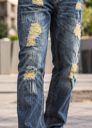 Мужские джинсы jeans рваные синие прямые с декоративными потертостями р.50-52