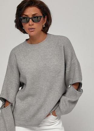Вязаный джемпер oversize с молниями на рукавах цвет серый размер one size fl_003575