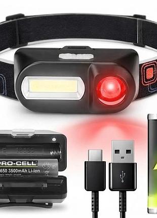 Налобный фонарь bailong bl-1804r сенсорный с красным светом xpe+cob на 18650
