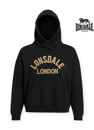 Женское худи lonsdale размер м черное на флисе котоновое с капюшоном хлопковое женская кофта лонсдейл женский реглан батник свитшот толстовка а1.