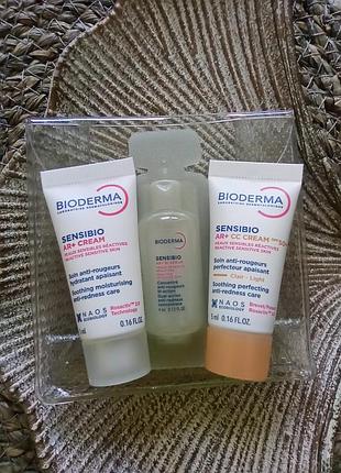 🛍️ набор 3шт. миниатюр bioderma sensibio (биодерма ветре) в фирменной косметичке, крем ar+, cc крем spf50, стратка ar+ bi-serum