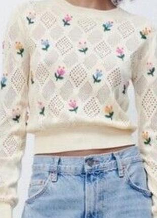 Светр жіночий zara молочний з квітковим принтом