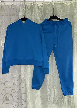 Теплый женский голубой котоновый спортивный костюм на флисе fbsister xs (34-36)