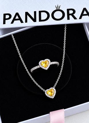 Набор pandora желтое сияющее сердце серебро 925 кольца и колье в подарочной коробке
