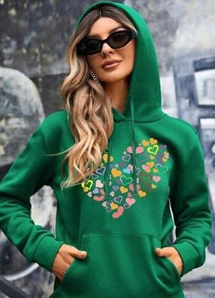 Shein. англія. в наявності. зелене худі з начосом із принтом сердець.