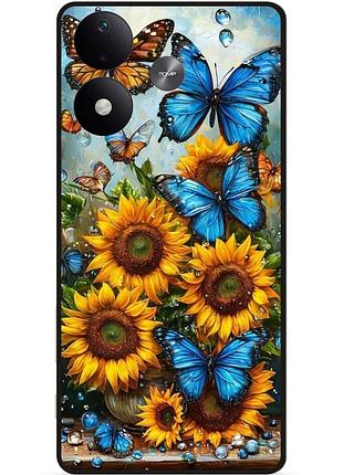 Силиконовый чехол бампер для xiaomi redmi note 17 с рисунком цветы подсолнух с бабочками