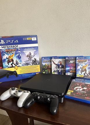 Заголовок: playstation 4 slim 1tb + 2 геймпада + 3 топовых диска (полный комплект, коробка)
