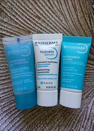 🩵набор 3шт. миниатюр bioderma hydrabio (биодерма гидрабио) для сухой кожи, гель для умывания, легкий крем, сыворотка