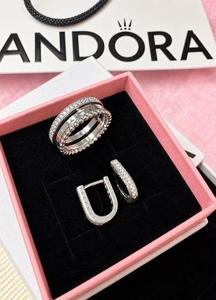 Набор pandora паве серебро 925 кольца и серьги с гравировкой в подарочной коробке