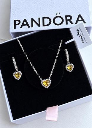 Набір pandora жовте сяюче серце срібло 925 сережки та кольє у подарунковій коробці