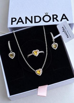 Набор pandora желтое сияющее сердце серебро 925 серьги колье кольца в подарочной коробке