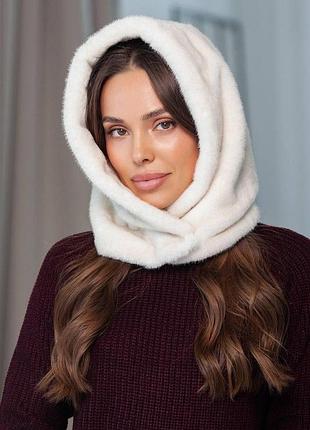 Теплий жіночий капор капюшон з екохутра норка frosty білий