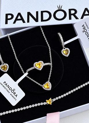 Набор pandora желтое сияющее сердце серебро 925 серьги кольца колье браслет в подарочной коробке