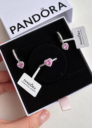 Срібний набір pandora 925 сережки з англійською застібкою та кольє подарункова коробка