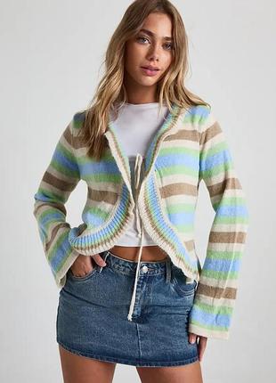 Новый вязаный полосатый кардиган boohoo с расклешенными рукавами и завязками спереди свитер джемпер кофта