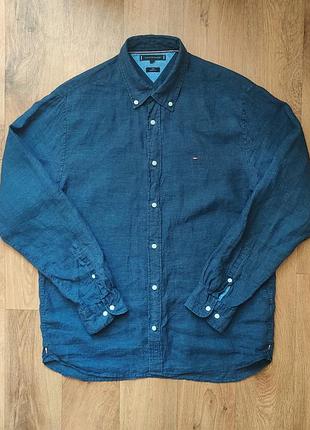 Xl tommy hilfiger linen / Ausa / льняная рубашка синего цвета / рубашка лен / рубашка / g star / color blue /