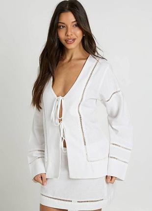 Білий лляний костюм boohoo сорочка + спідниця, розмір uk 10