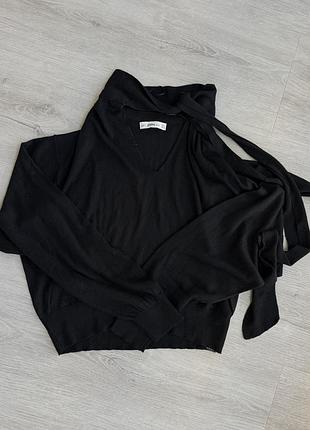 Чорний трішки прозорий джемпер zara knit з шерстю та зав'язкою на шиї (m)