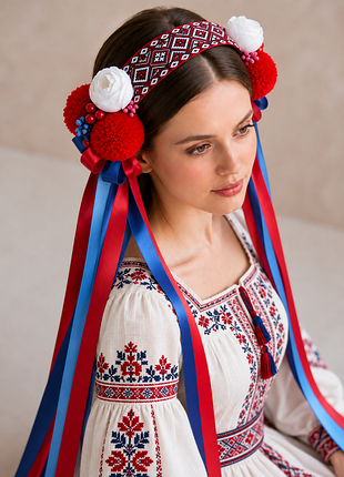 Чельцо «козачка» с цветами, помпонами и сине-красными лентами
