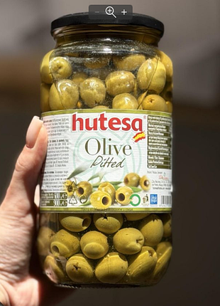 Маслини оливки 900г велика скляна банка hutesa