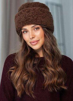 Зимняя теплая меховая шапка teddy luxe с флисом женская коричневая