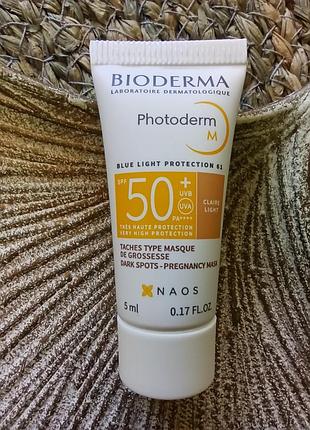🏖️ сонцезахисний тональний крем-гель bioderma photoderm m spf50+ для гіперреактивної шкіри, схильної до подразнень, почервонінь пробник/мініатюра 5мл
