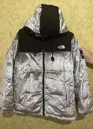 Зимова куртка пуховик сіра оксамитова thф/the north face/tnf