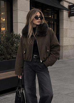 Бомбер жіночий zara шоколадний з хутряним коміром на змійці рощмір l-xl