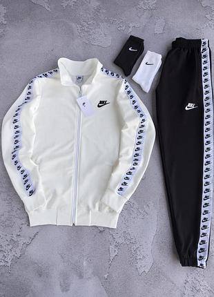 Костюм nike мужской весна осень белая олимпийка с белой лентой черные спортивные штаны найк молочный костюм