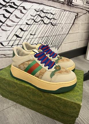 Кроссовки gucci gg screener leather canvas beige/grey/red/blue брендовые кроссы кеды унисекс