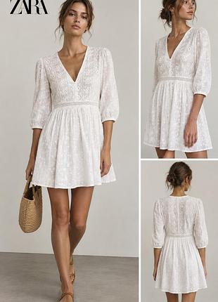 Коротка жіноча сукня zara біла з вишивкою