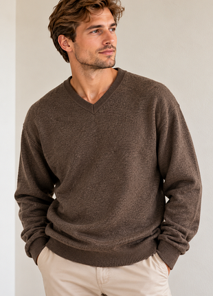 Мужской шерстяной свитер louis lanz | 100% шерсть | коричневый v-neck
